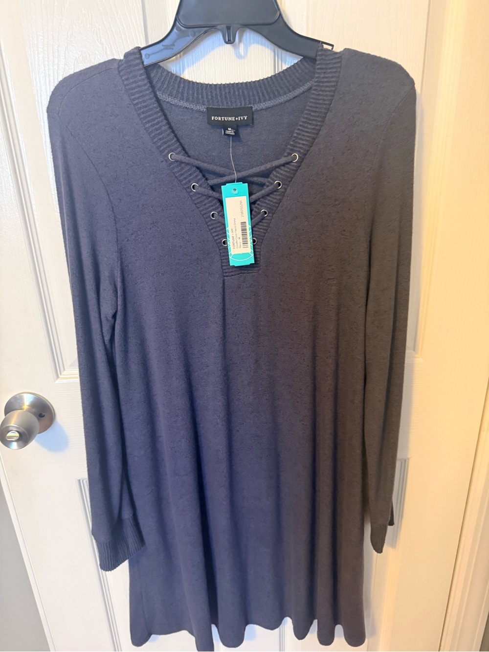 Fortune + Ivy Grey Lace-Up V-Neck Knit Sweater